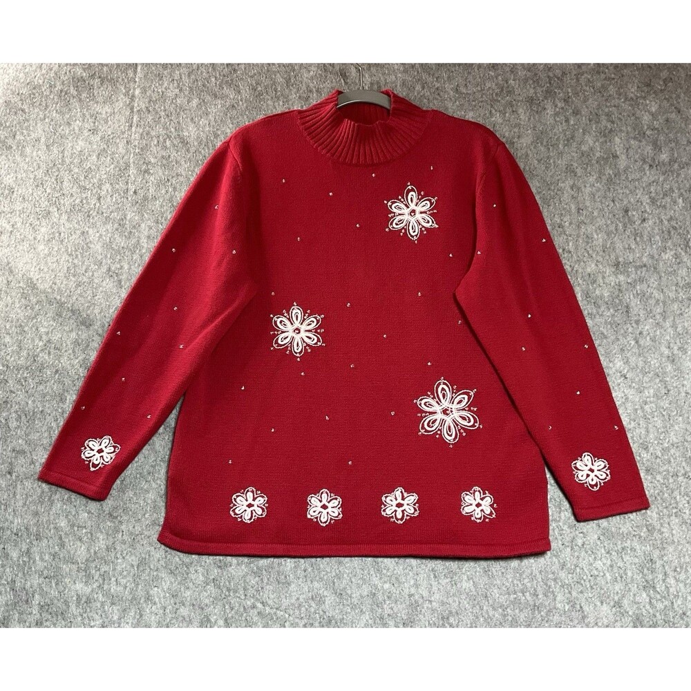 Vintage Merry & Bright Sweater Womens Large Red Embroidered Snowflakes Christmas